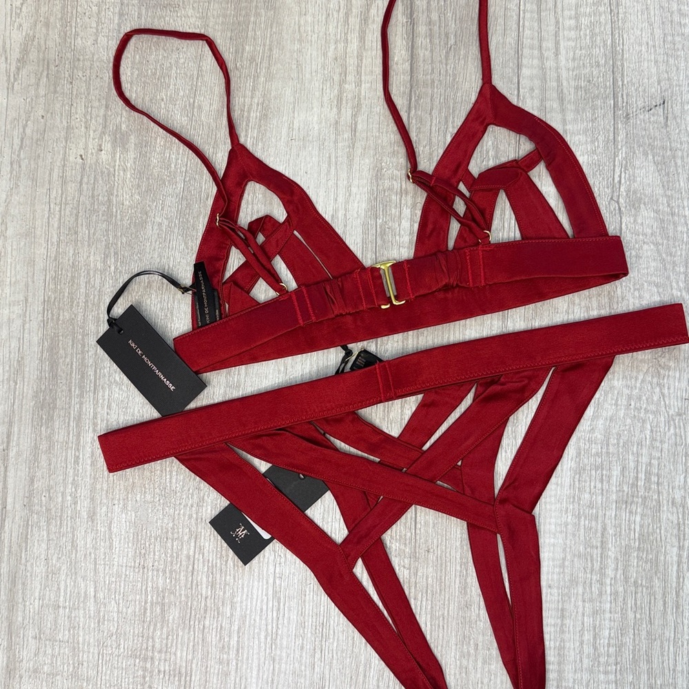 NWT Kiki De Montparnasse Seduire Red Silk Ouvert Open Cage Cup Bra & Panty Set - Picture 5 of 5